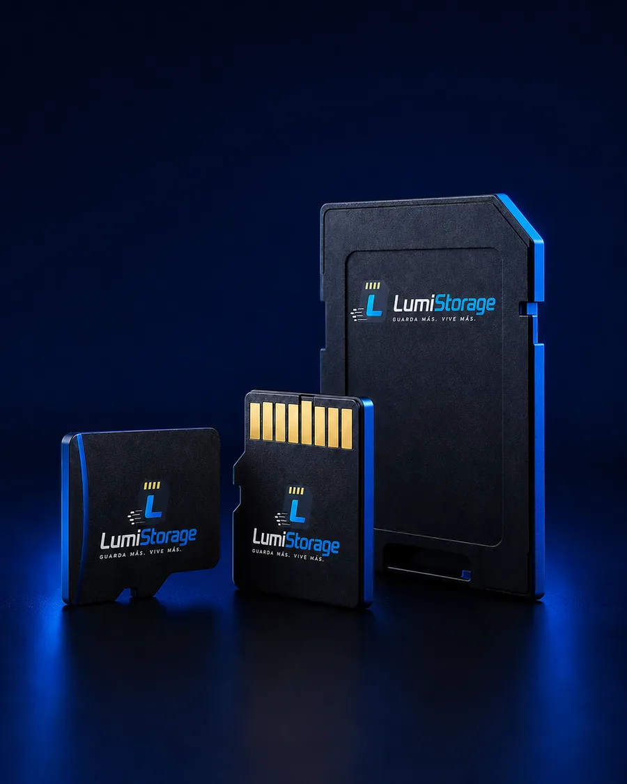 Tarjetas microSD y adaptador LumiStorage en acabado azul marino con contactos dorados
